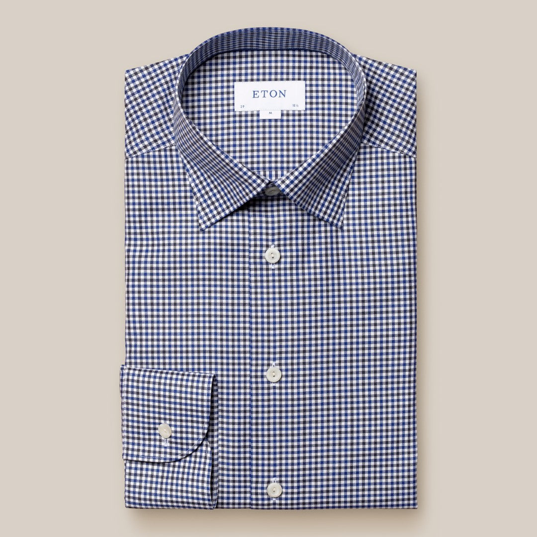 Eton Slim Fit Mini Gingham Shirt Dark Blue/Brown-MALFORD OF LONDON SAVILE ROW MENSWEAR OUTLET