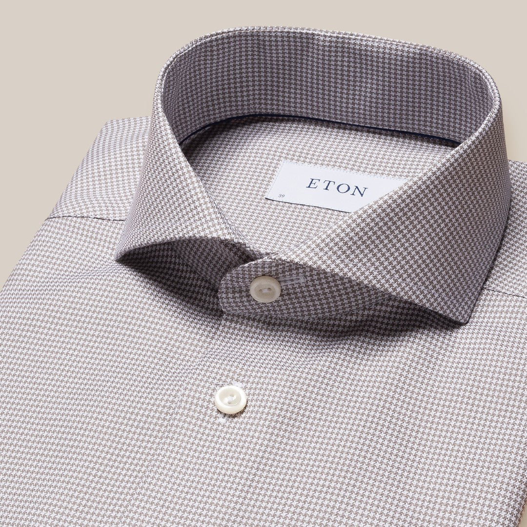 Eton Slim Fit Mini Herringbone Shirt Beige/White-MALFORD OF LONDON SAVILE ROW MENSWEAR OUTLET