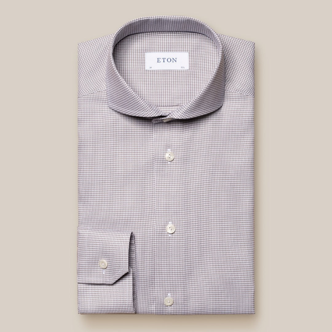 Eton Slim Fit Mini Herringbone Shirt Beige/White-MALFORD OF LONDON SAVILE ROW MENSWEAR OUTLET