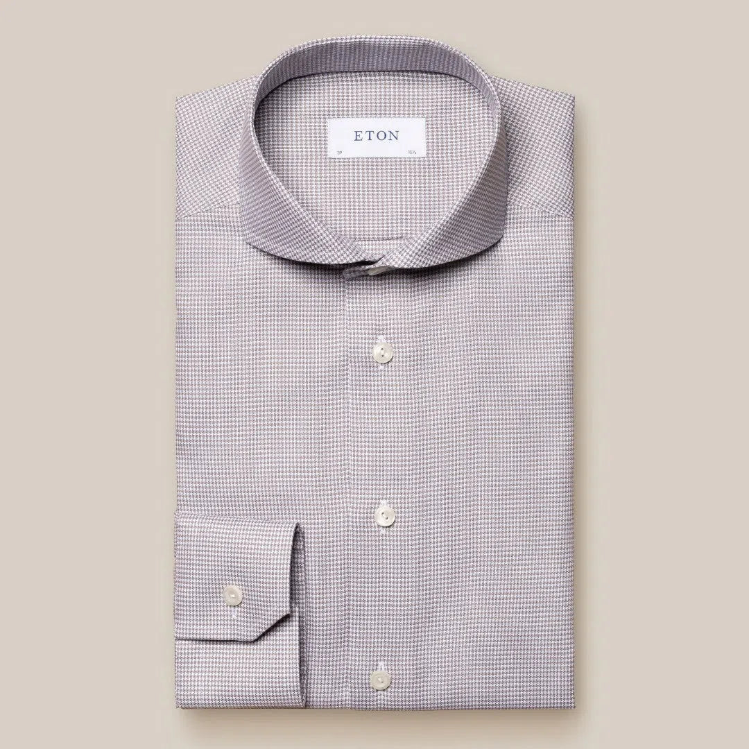 Eton Slim Fit Mini Herringbone Shirt Beige/White-MALFORD OF LONDON SAVILE ROW MENSWEAR OUTLET