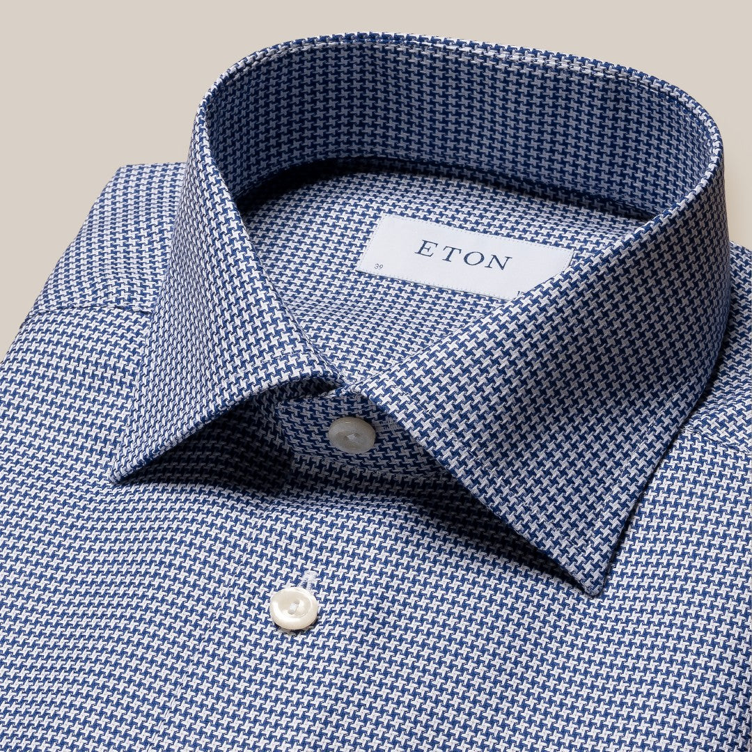 Eton Slim Fit Mini Houndstooth Shirt Dark Blue/White-MALFORD OF LONDON SAVILE ROW MENSWEAR OUTLET