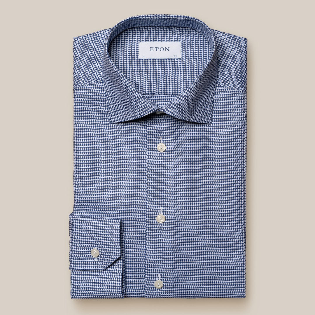 Eton Slim Fit Mini Houndstooth Shirt Dark Blue/White-MALFORD OF LONDON SAVILE ROW MENSWEAR OUTLET