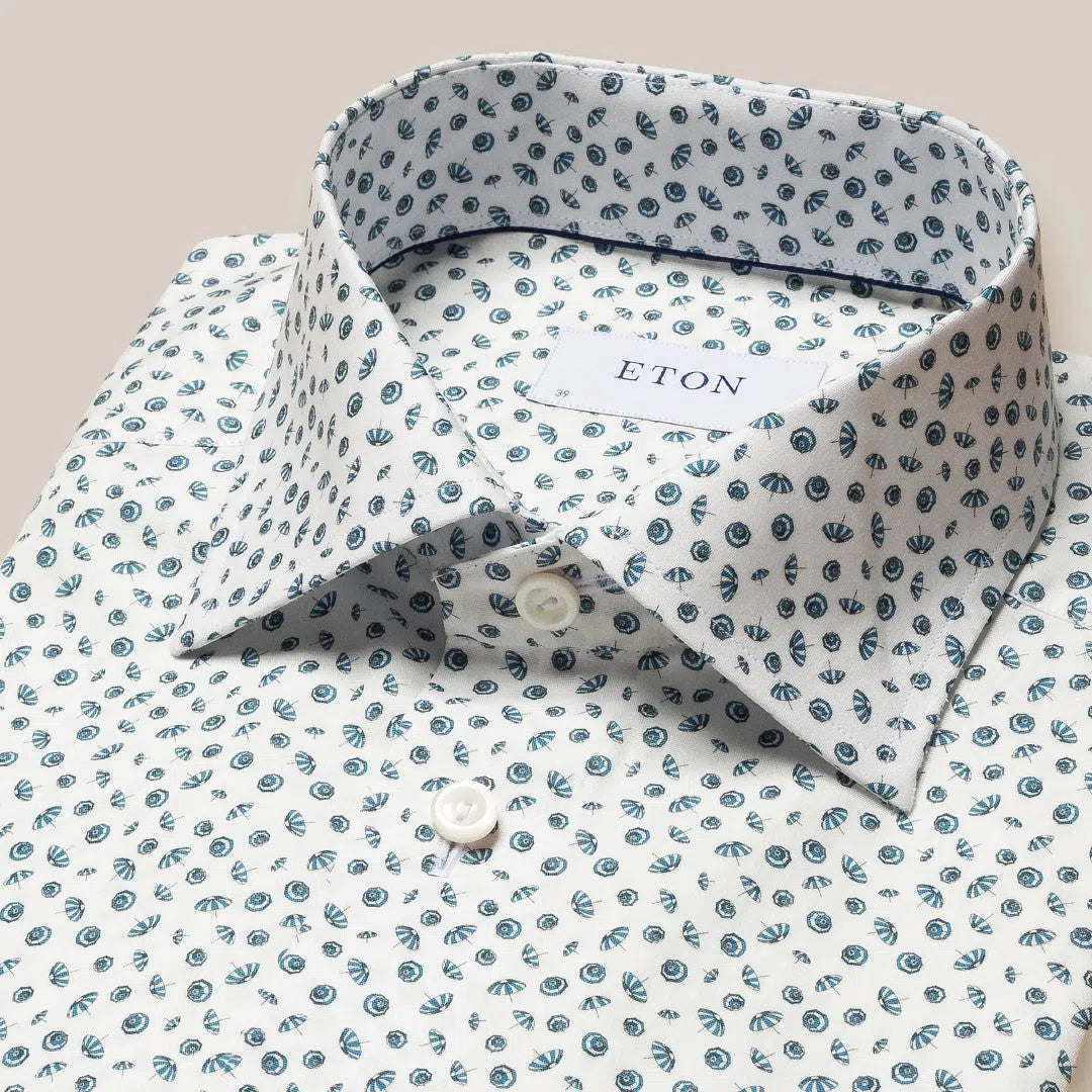 Eton Slim Fit Mini Umbrella Print Shirt White/Light Blue-MALFORD OF LONDON SAVILE ROW MENSWEAR OUTLET