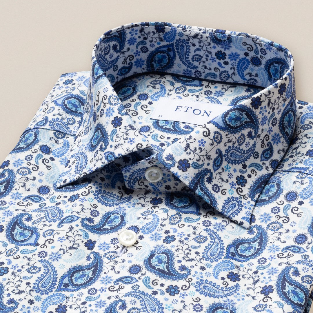 Eton Slim Fit Paisley Shirt Mid Blue/White-MALFORD OF LONDON SAVILE ROW MENSWEAR OUTLET