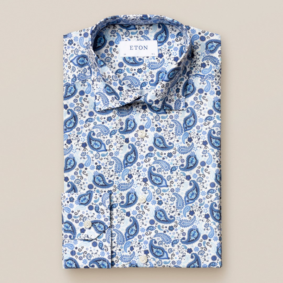 Eton Slim Fit Paisley Shirt Mid Blue/White-MALFORD OF LONDON SAVILE ROW MENSWEAR OUTLET