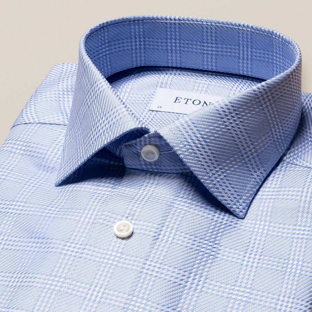 Eton Slim Fit Patterned Check Kin Twill Shirt Light Blue-MALFORD OF LONDON SAVILE ROW MENSWEAR OUTLET