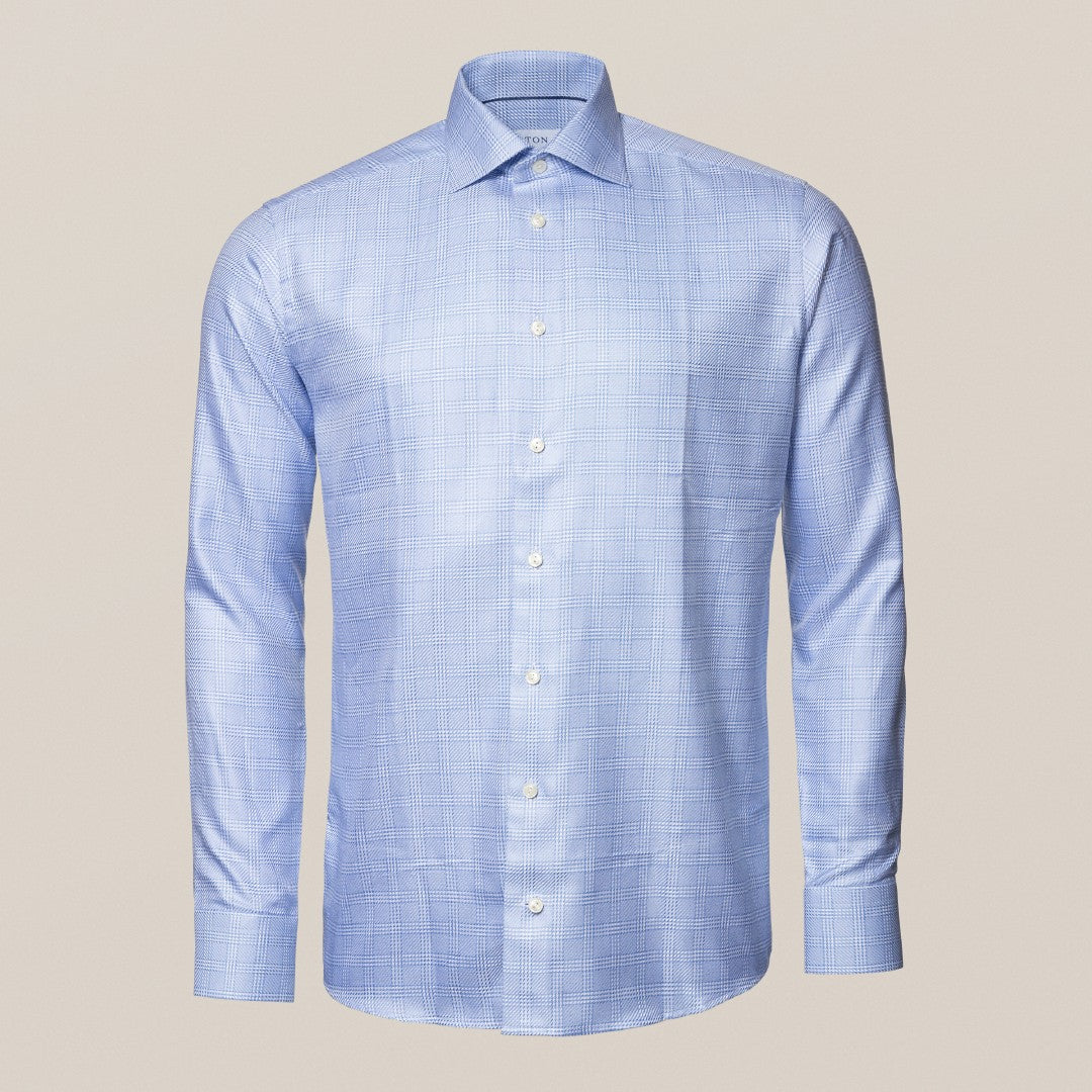 Eton Slim Fit Patterned Check Kin Twill Shirt Light Blue-MALFORD OF LONDON SAVILE ROW MENSWEAR OUTLET