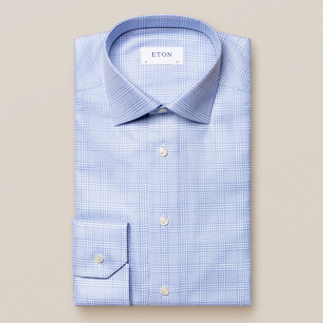 Eton Slim Fit Patterned Check Kin Twill Shirt Light Blue-MALFORD OF LONDON SAVILE ROW MENSWEAR OUTLET