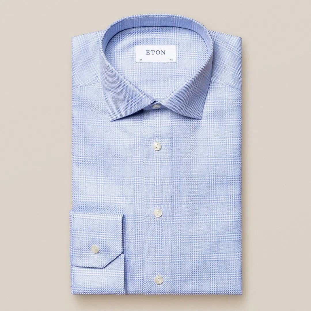 Eton Slim Fit Patterned Check Kin Twill Shirt Light Blue-MALFORD OF LONDON SAVILE ROW MENSWEAR OUTLET