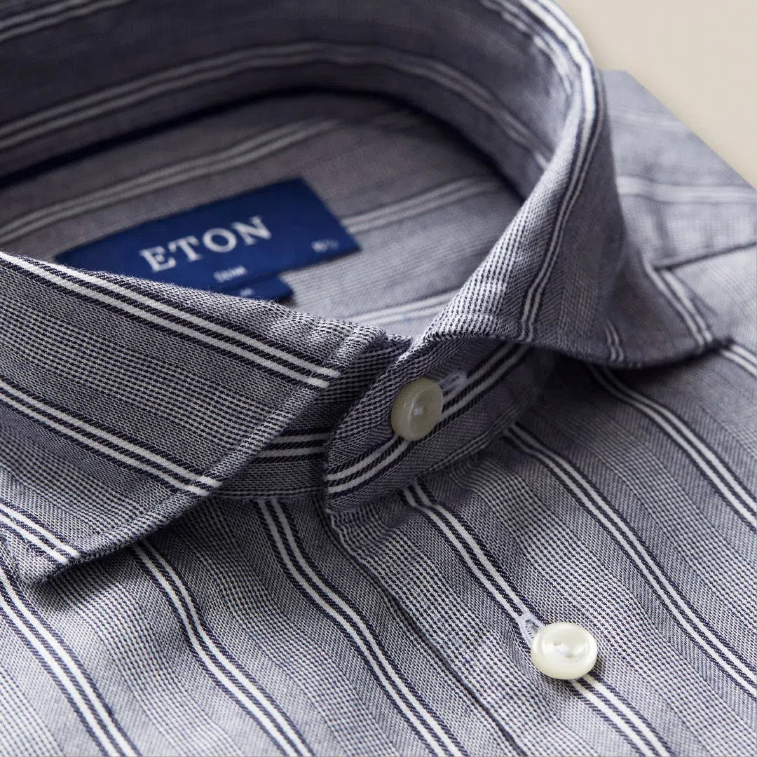 Eton Slim Fit Patterned Stripe Shirt Navy Blue-MALFORD OF LONDON SAVILE ROW MENSWEAR OUTLET