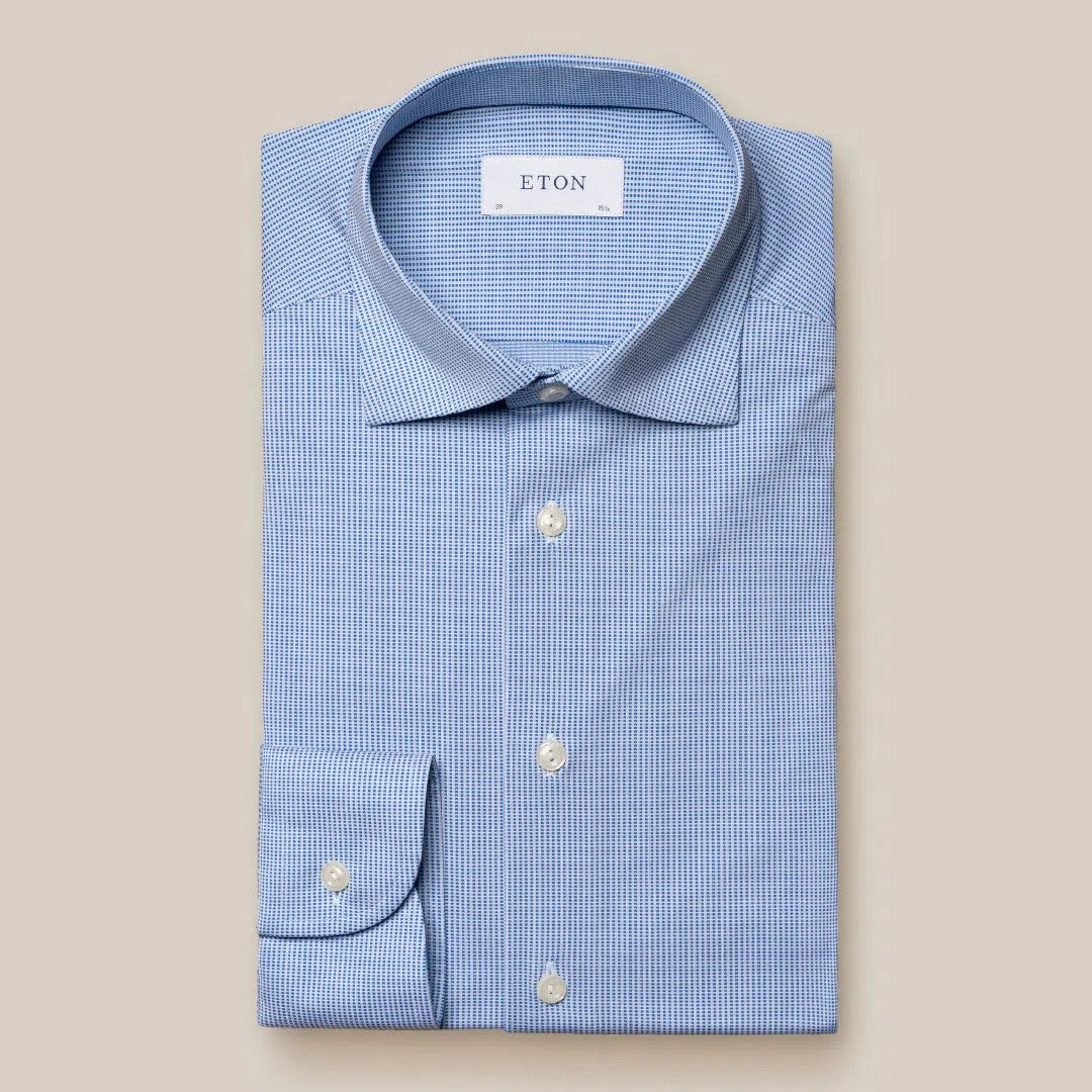 Eton Slim Fit Pin Check Shirt Mid Blue/White-MALFORD OF LONDON SAVILE ROW MENSWEAR OUTLET