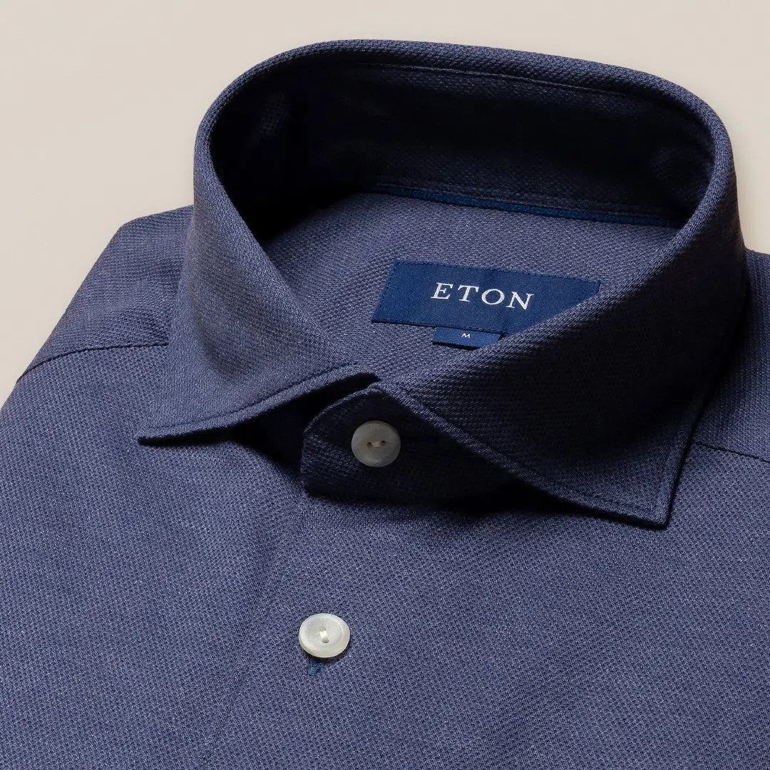 Eton Slim Fit Pique Weave Jersey Shirt Dark Blue-MALFORD OF LONDON SAVILE ROW MENSWEAR OUTLET