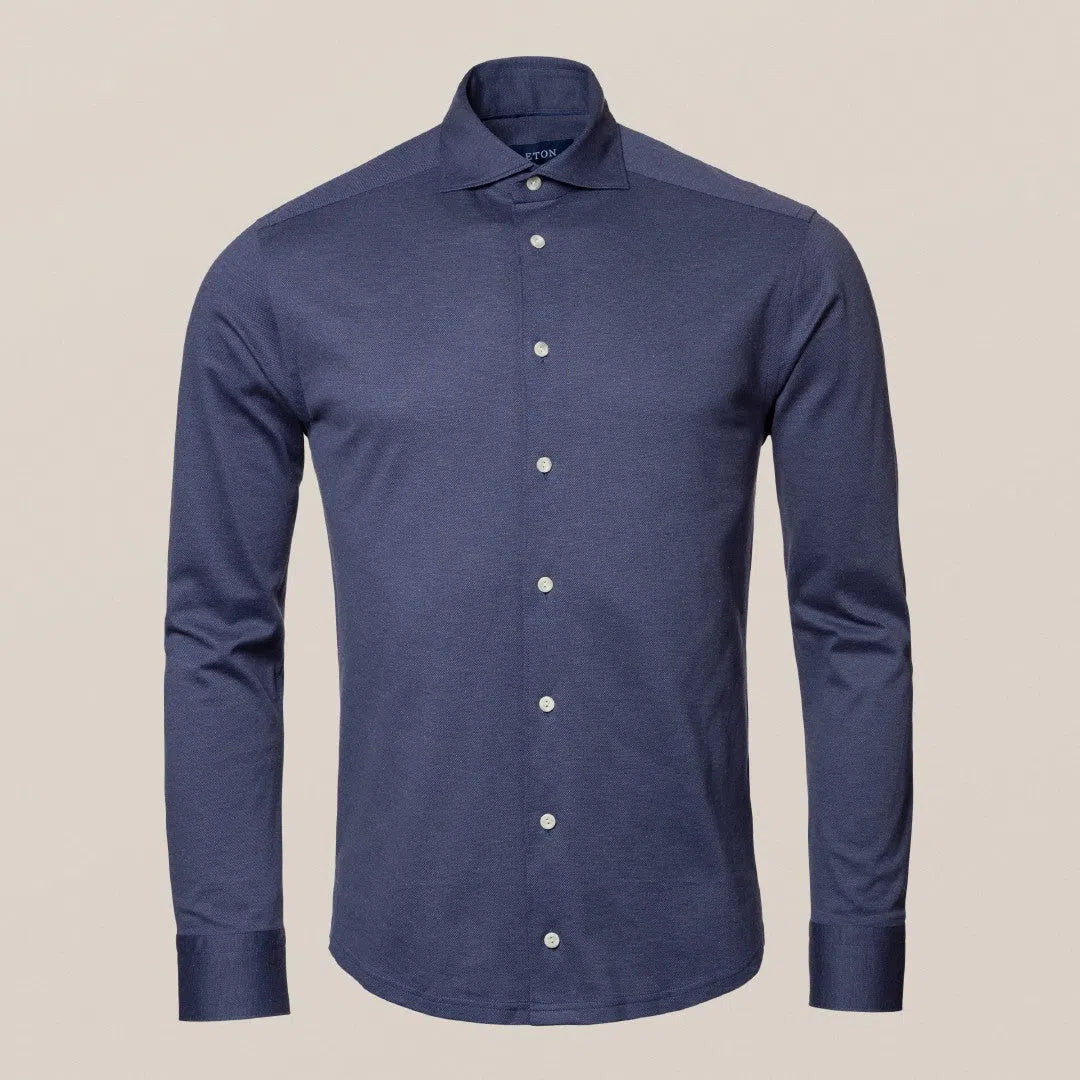 Eton Slim Fit Pique Weave Jersey Shirt Dark Blue-MALFORD OF LONDON SAVILE ROW MENSWEAR OUTLET