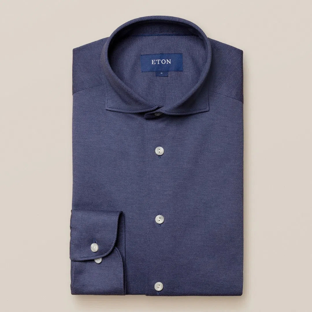 Eton Slim Fit Pique Weave Jersey Shirt Dark Blue-MALFORD OF LONDON SAVILE ROW MENSWEAR OUTLET