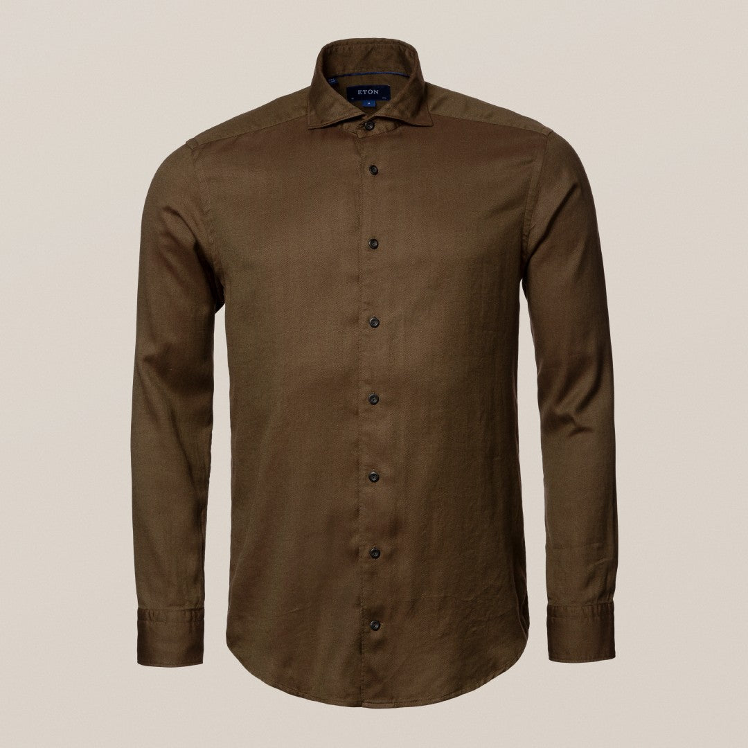 Eton Slim Fit Plain Casual Shirt Dark Brown-MALFORD OF LONDON SAVILE ROW MENSWEAR OUTLET