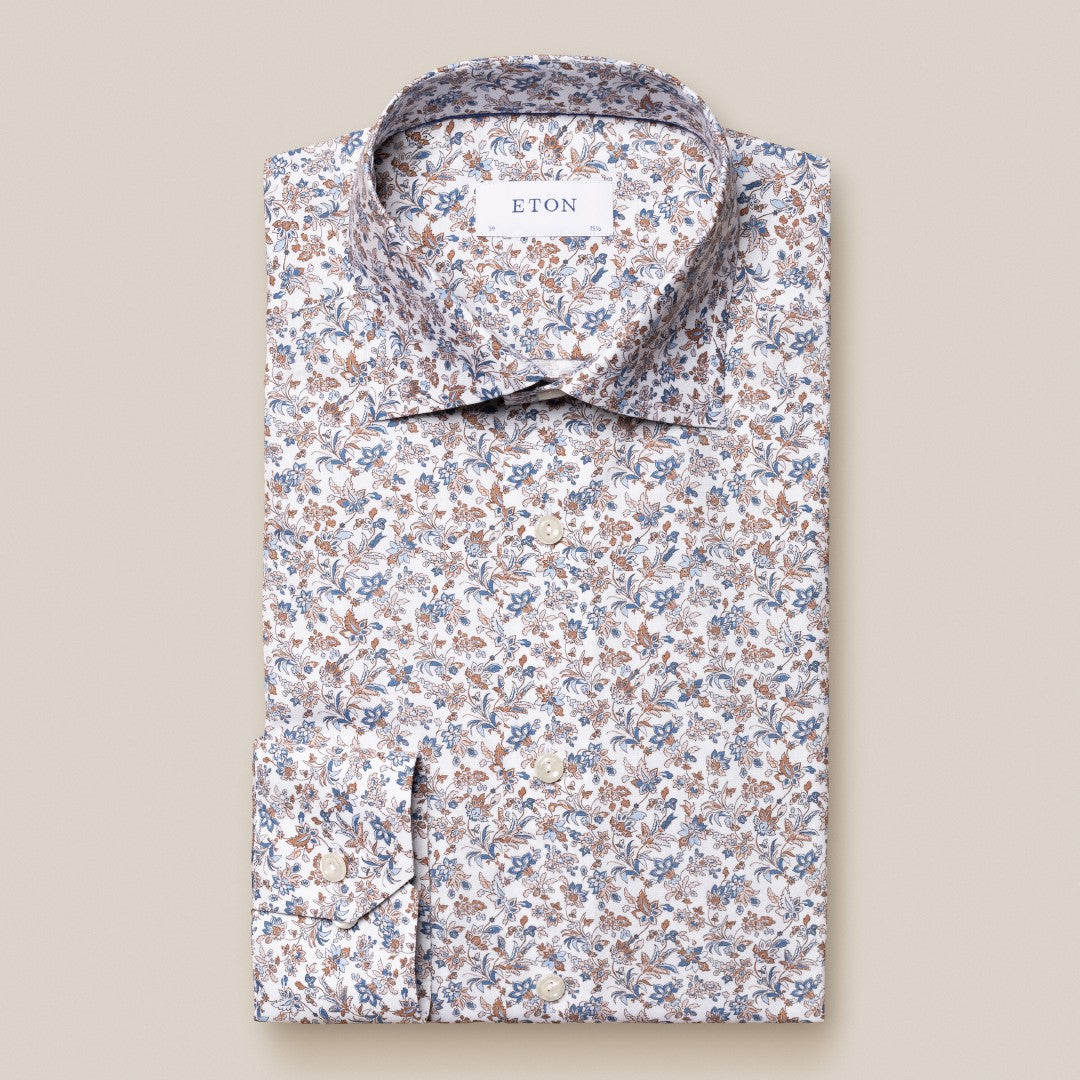 Eton Slim Fit Poplin Floral Shirt Beige-MALFORD OF LONDON SAVILE ROW MENSWEAR OUTLET