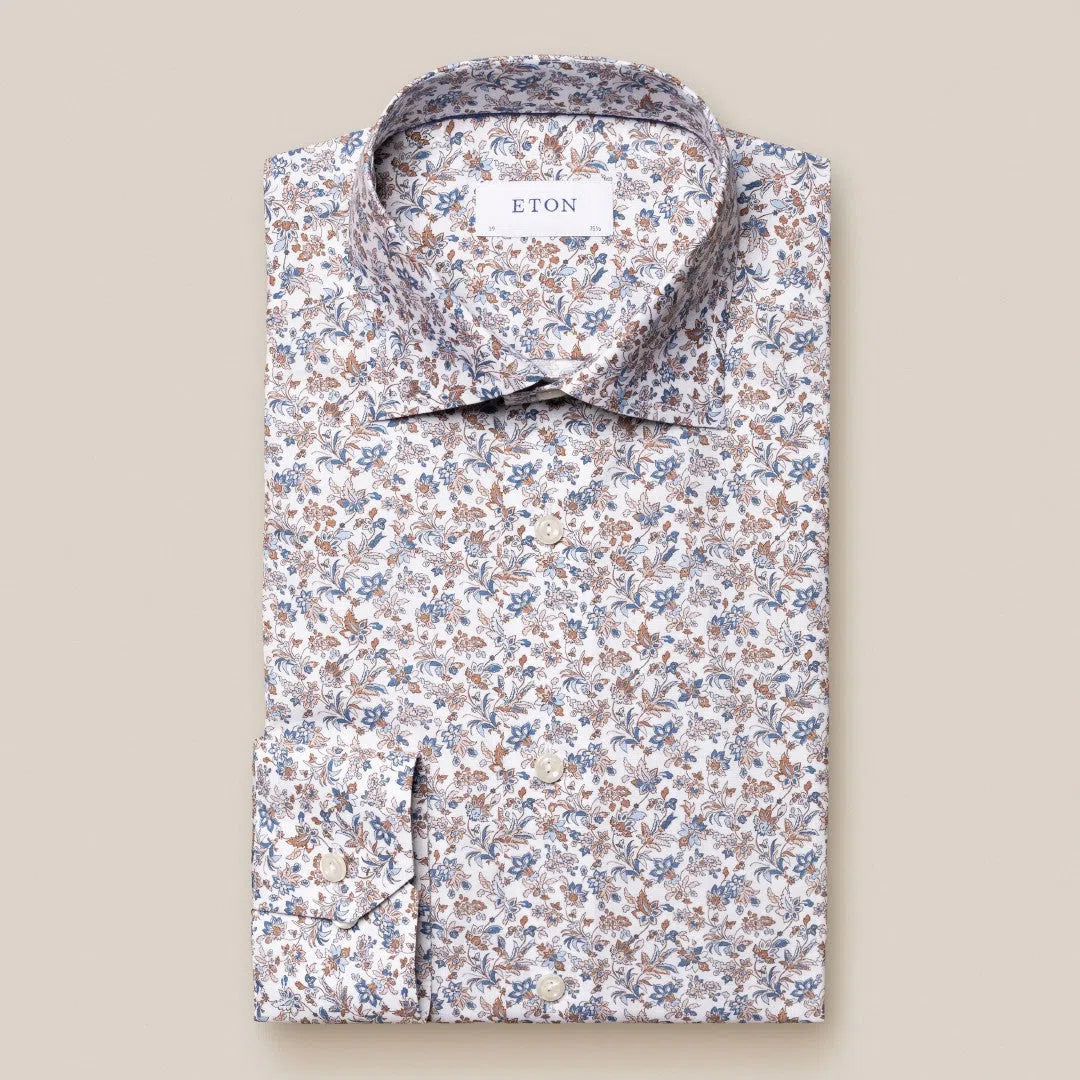 Eton Slim Fit Poplin Floral Shirt Beige-MALFORD OF LONDON SAVILE ROW MENSWEAR OUTLET