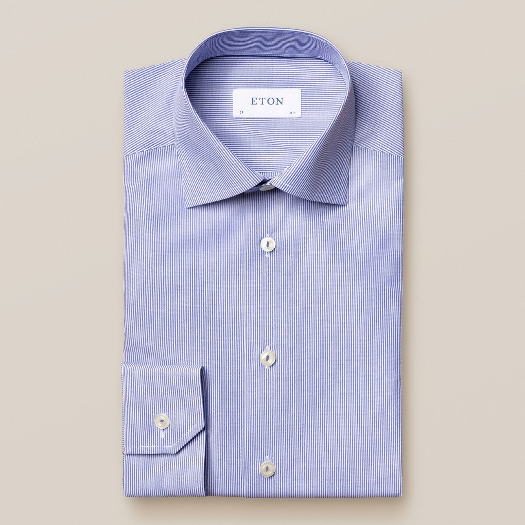 Eton Slim Fit Poplin Stripe Shirt Mid Blue-MALFORD OF LONDON SAVILE ROW MENSWEAR OUTLET