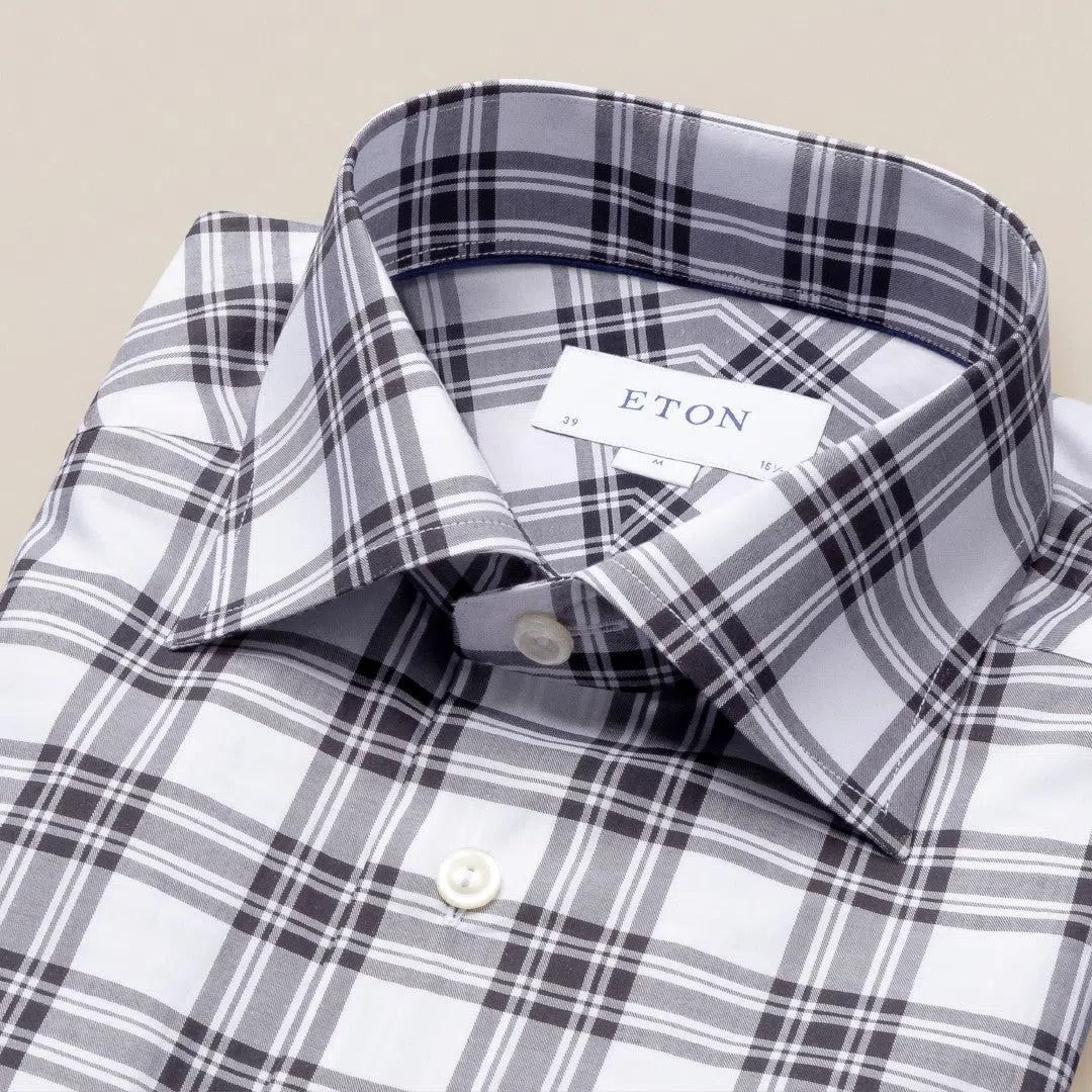 Eton Slim Fit Prince Of Wales Check Shirt Grey/White-MALFORD OF LONDON SAVILE ROW MENSWEAR OUTLET