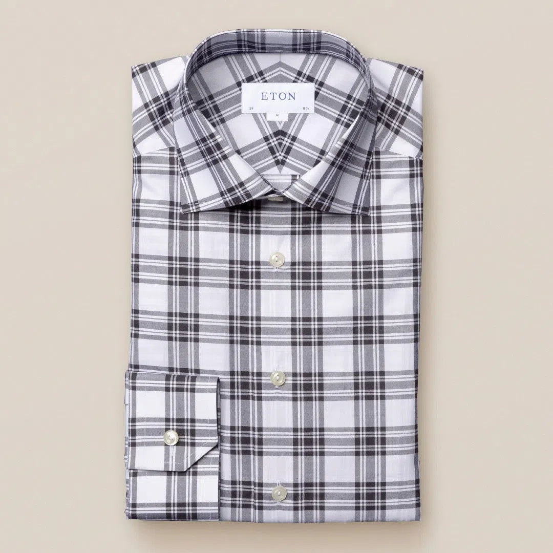 Eton Slim Fit Prince Of Wales Check Shirt Grey/White-MALFORD OF LONDON SAVILE ROW MENSWEAR OUTLET