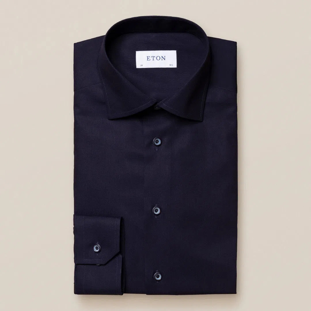 Eton Slim Fit Satin Trim Placket Shirt Navy Blue-MALFORD OF LONDON SAVILE ROW MENSWEAR OUTLET