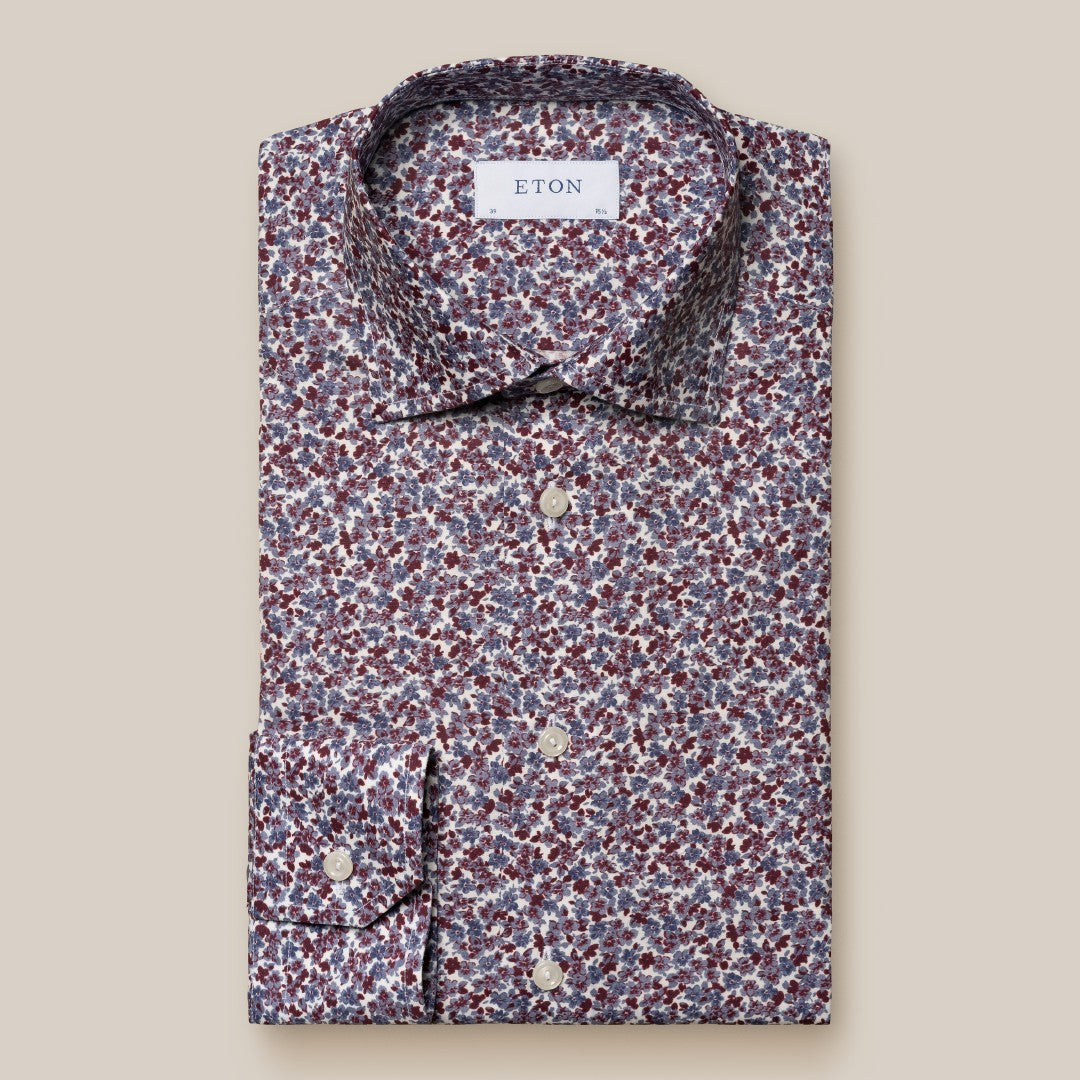 Eton Slim Fit Small Flower Print Shirt Mid Blue/Maroon-MALFORD OF LONDON SAVILE ROW MENSWEAR OUTLET