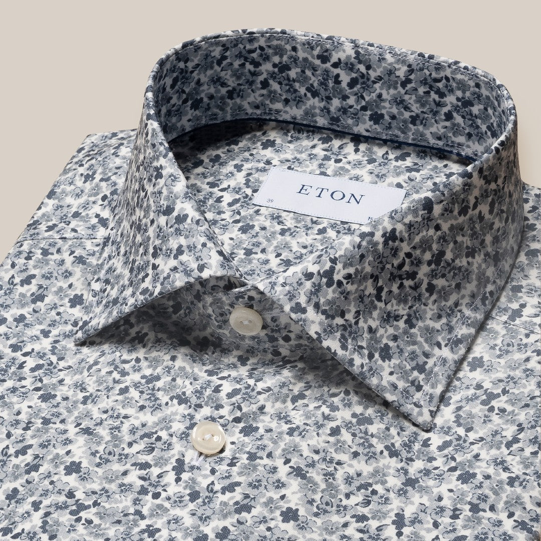 Eton Slim Fit Small Flower Print Shirt Mid Grey-MALFORD OF LONDON SAVILE ROW MENSWEAR OUTLET