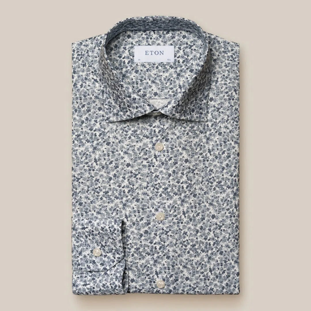 Eton Slim Fit Small Flower Print Shirt Mid Grey-MALFORD OF LONDON SAVILE ROW MENSWEAR OUTLET