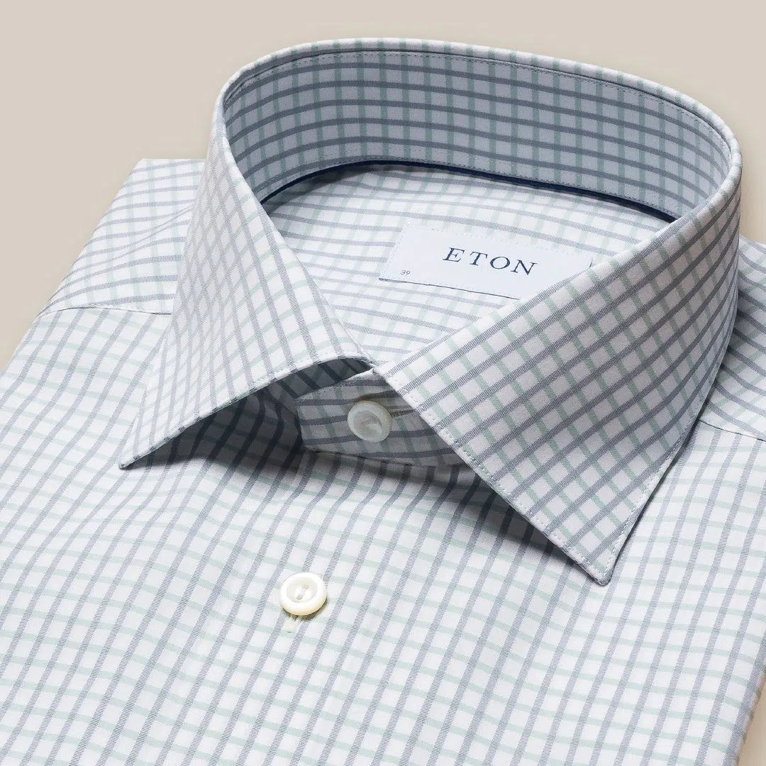 Eton Slim Fit Small Ribbed Check Shirt Light Green/Blue-MALFORD OF LONDON SAVILE ROW MENSWEAR OUTLET