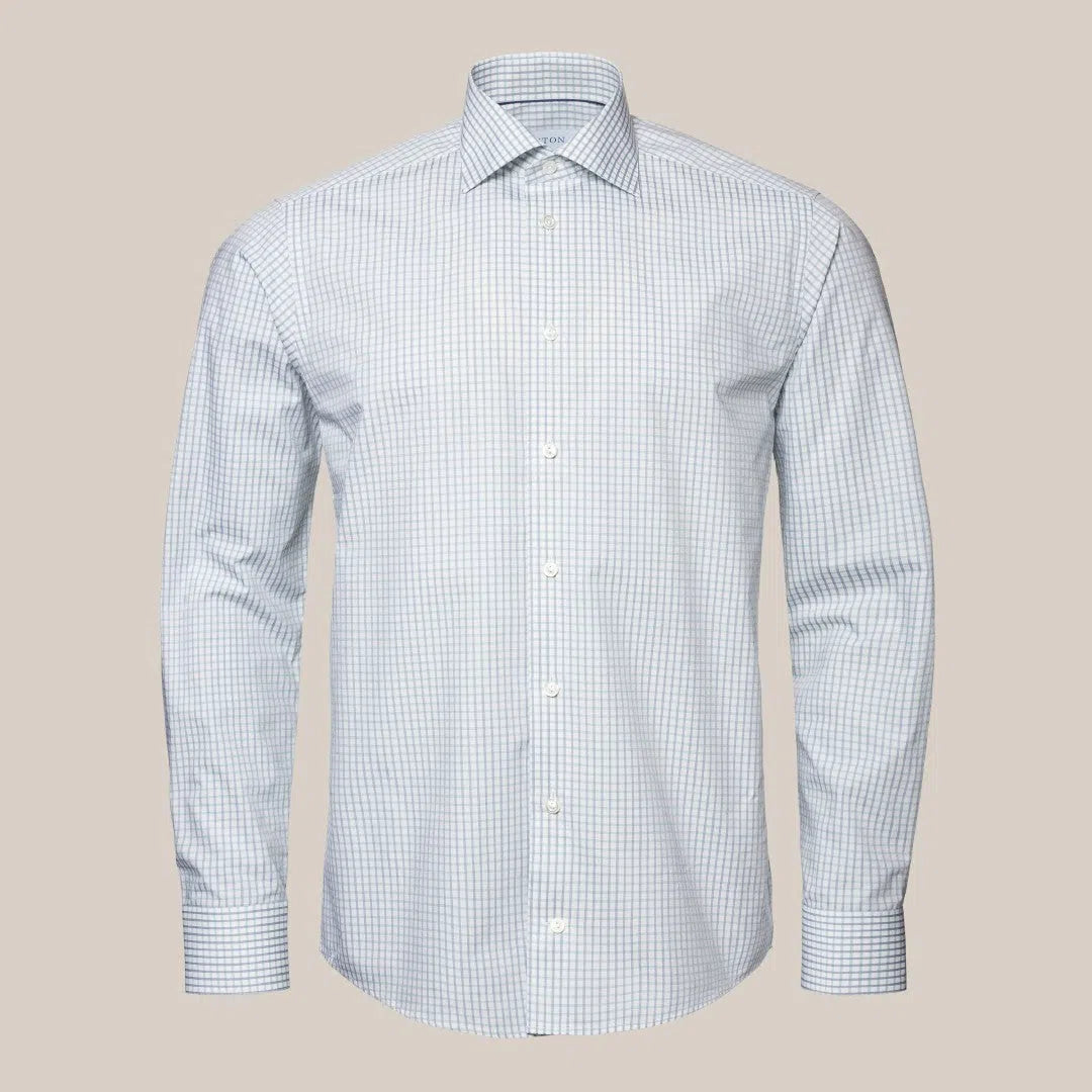 Eton Slim Fit Small Ribbed Check Shirt Light Green/Blue-MALFORD OF LONDON SAVILE ROW MENSWEAR OUTLET