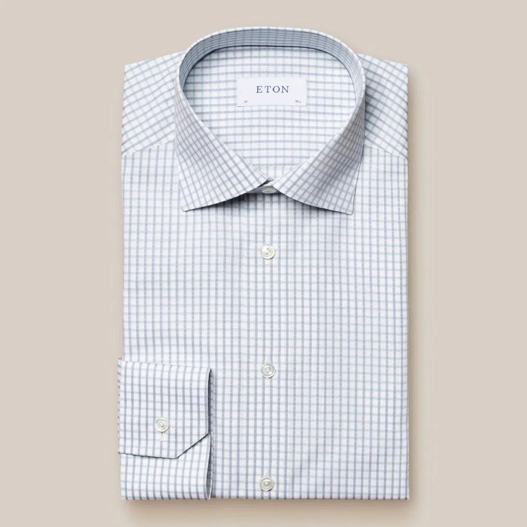 Eton Slim Fit Small Ribbed Check Shirt Light Green/Blue-MALFORD OF LONDON SAVILE ROW MENSWEAR OUTLET