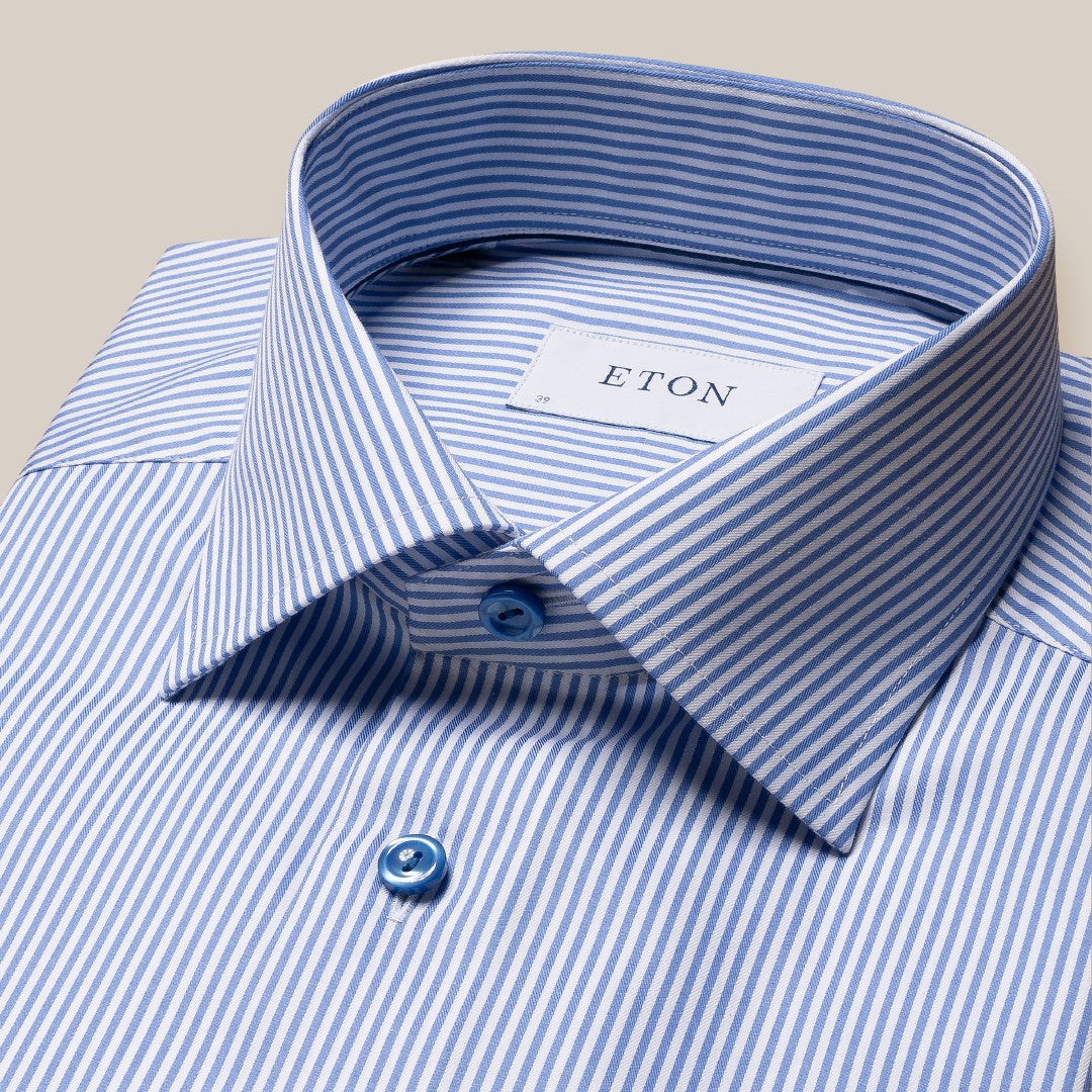 Eton Slim Fit Small Stripe Shirt Mid Blue/White-MALFORD OF LONDON SAVILE ROW MENSWEAR OUTLET