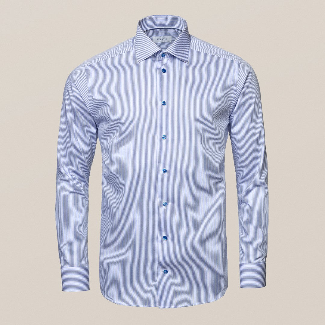 Eton Slim Fit Small Stripe Shirt Mid Blue/White-MALFORD OF LONDON SAVILE ROW MENSWEAR OUTLET