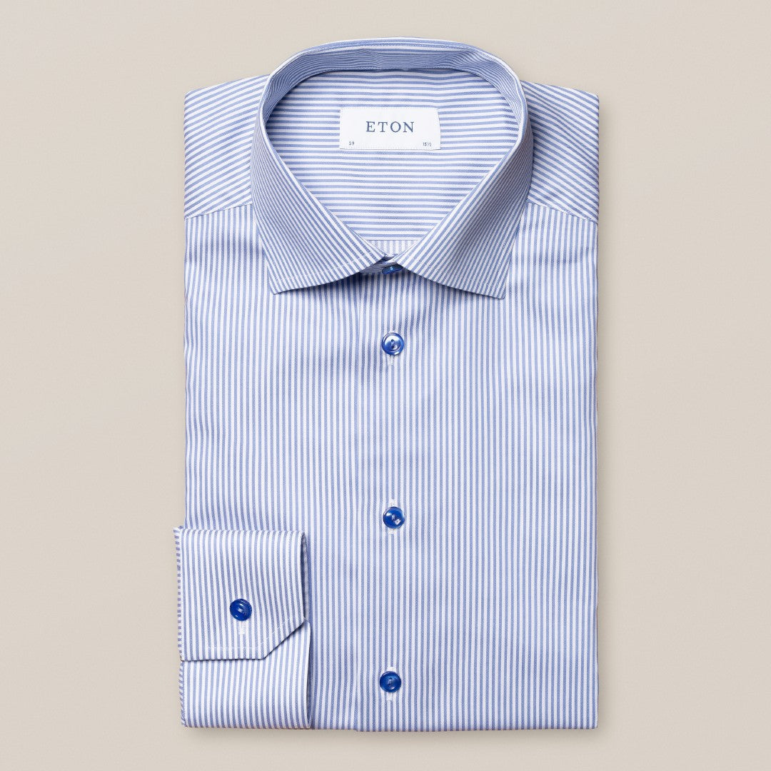 Eton Slim Fit Small Stripe Shirt Mid Blue/White-MALFORD OF LONDON SAVILE ROW MENSWEAR OUTLET