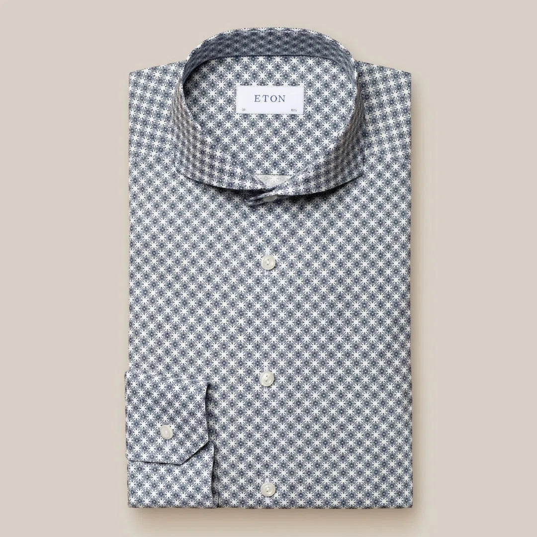 Eton Slim Fit Small Tile Pattern Shirt Dark Blue/White-MALFORD OF LONDON SAVILE ROW MENSWEAR OUTLET