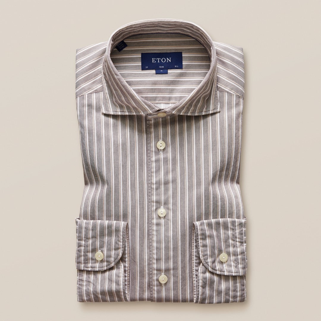 Eton Slim Fit Striped Shirt Dark Brown-MALFORD OF LONDON SAVILE ROW MENSWEAR OUTLET