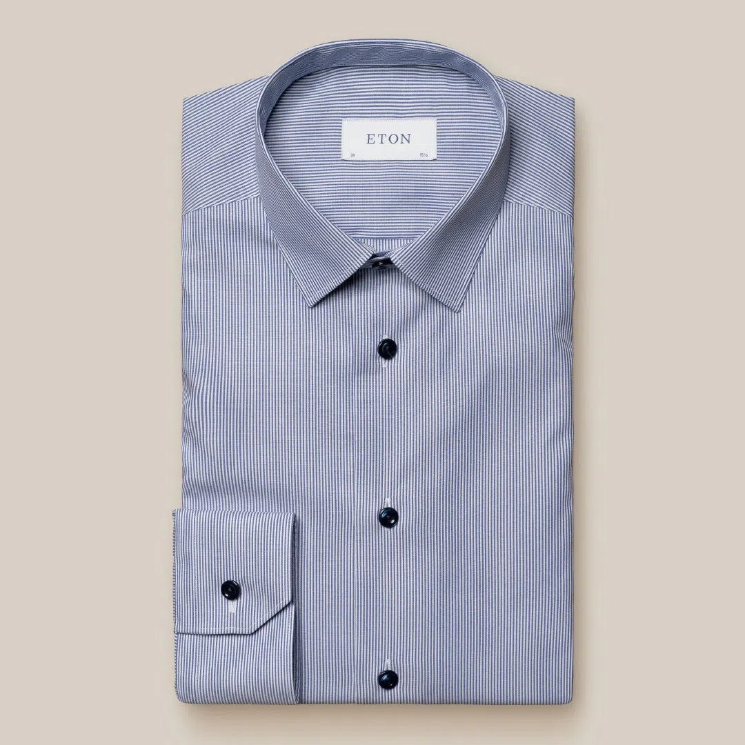 Eton Slim Fit Striped Shirt Mid Blue-MALFORD OF LONDON SAVILE ROW MENSWEAR OUTLET