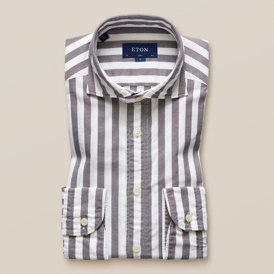 Eton Slim Fit Striped Shirt Mid Grey-MALFORD OF LONDON SAVILE ROW MENSWEAR OUTLET