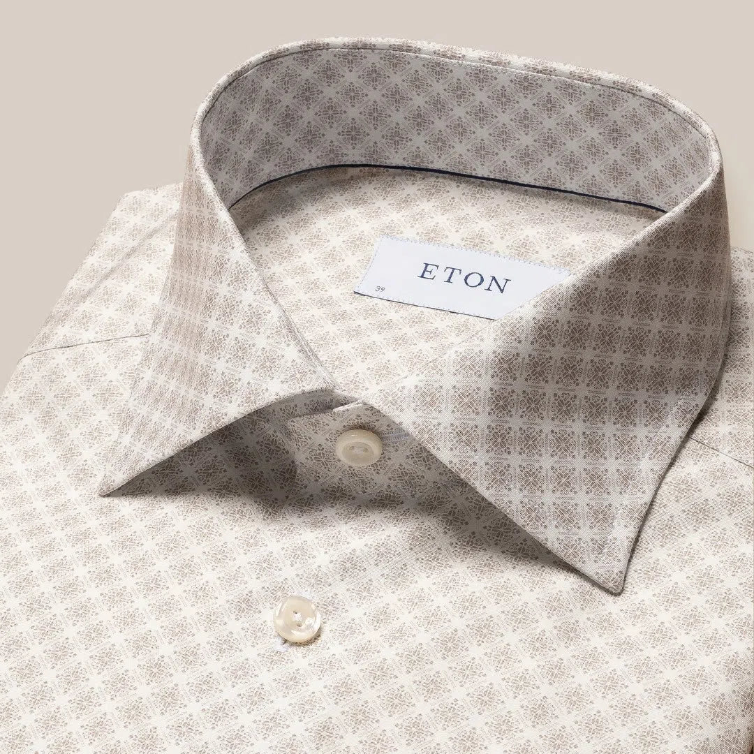 Eton Slim Fit Tile Pattern Shirt Beige/Brown-MALFORD OF LONDON SAVILE ROW MENSWEAR OUTLET