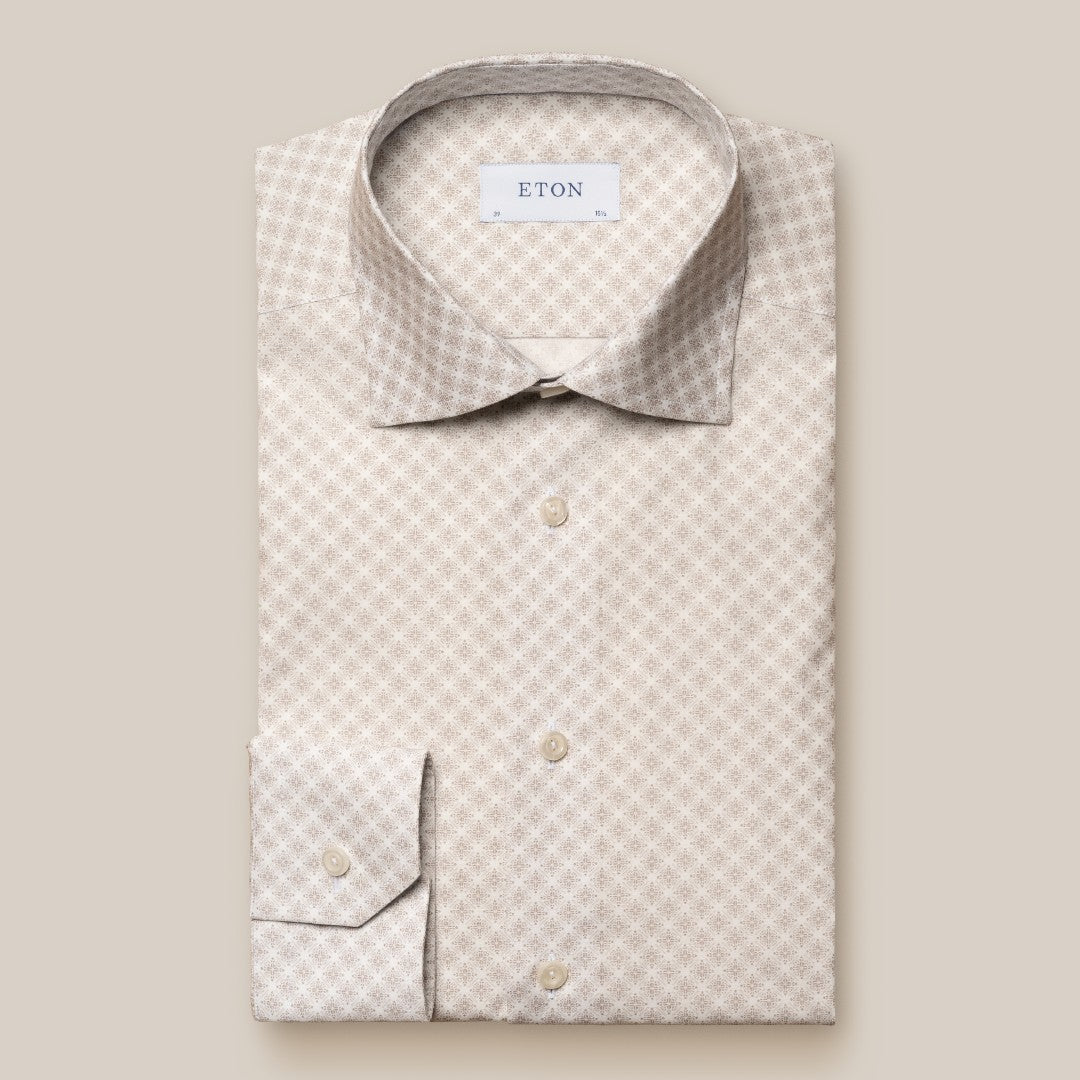 Eton Slim Fit Tile Pattern Shirt Beige/Brown-MALFORD OF LONDON SAVILE ROW MENSWEAR OUTLET