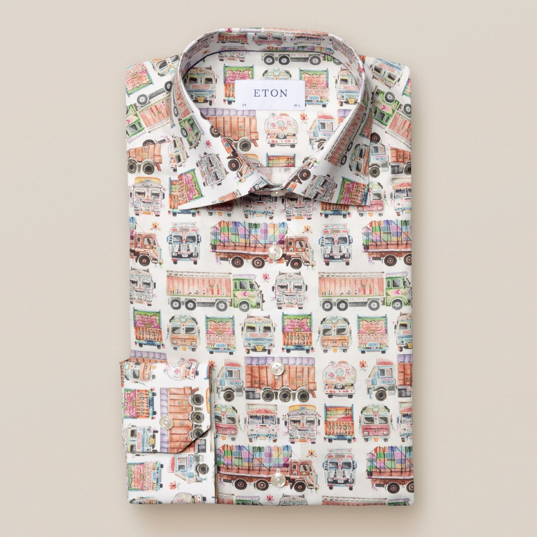 Eton Slim Fit Truck Print Shirt White-MALFORD OF LONDON SAVILE ROW MENSWEAR OUTLET