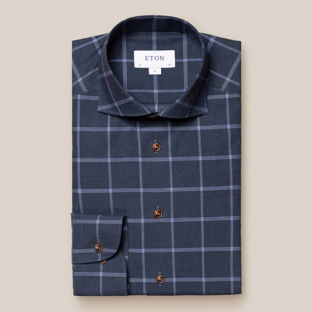 Eton Slim Fit Windowpane Check Signature Twill Shirt Navy Blue-MALFORD OF LONDON SAVILE ROW MENSWEAR OUTLET