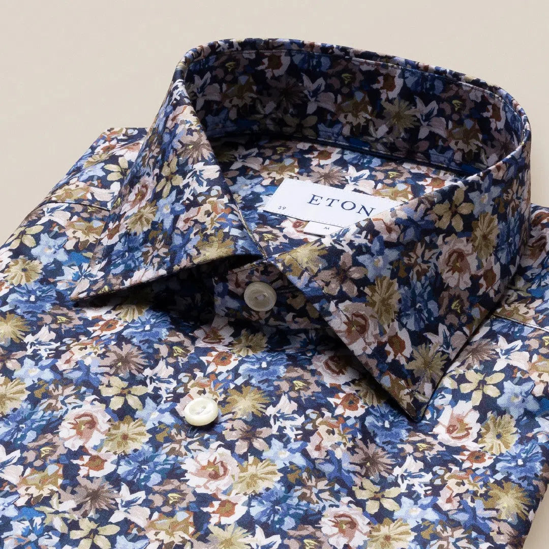 Eton Super Slim Fit All-over Floral Shirt Dark Blue-MALFORD OF LONDON SAVILE ROW MENSWEAR OUTLET