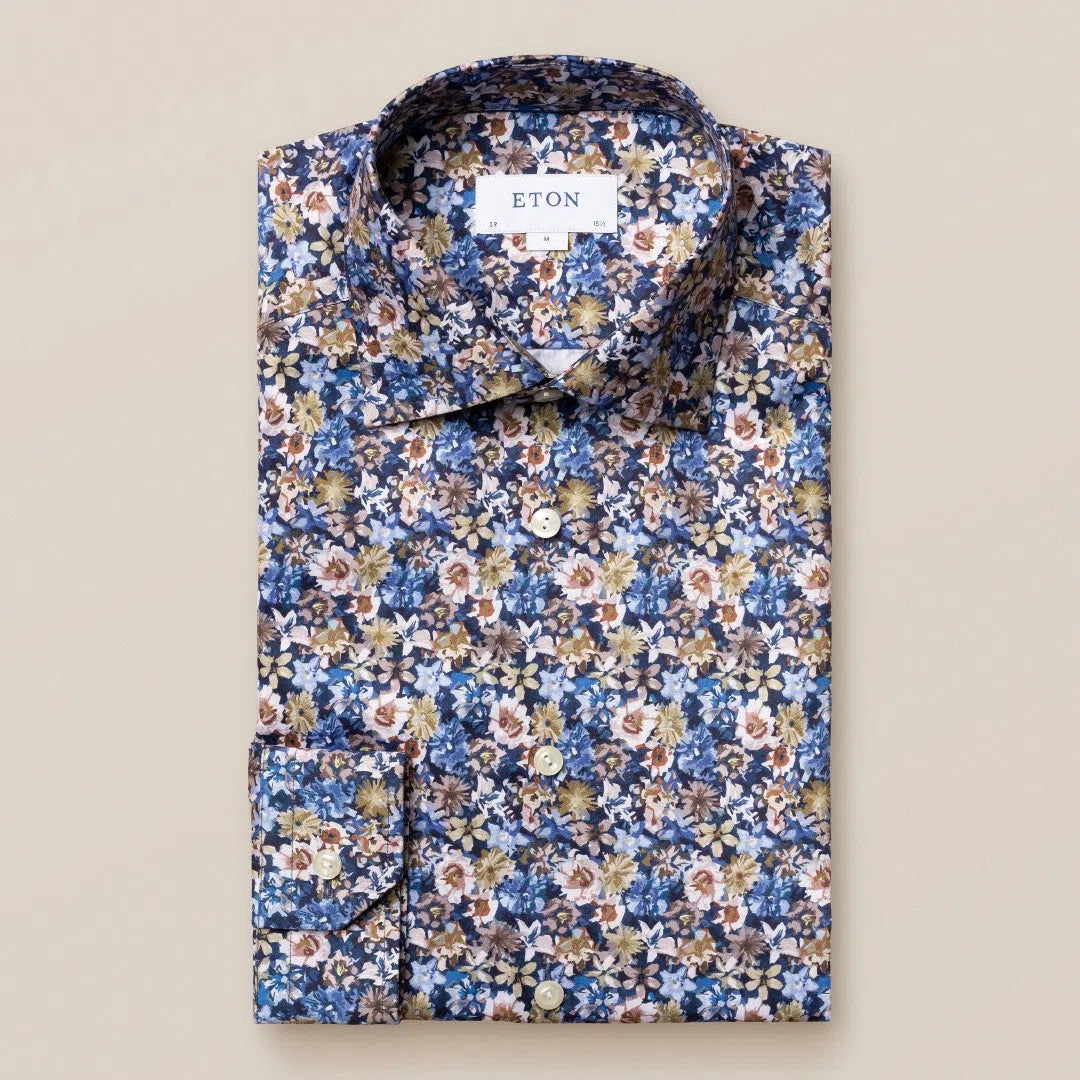 Eton Super Slim Fit All-over Floral Shirt Dark Blue-MALFORD OF LONDON SAVILE ROW MENSWEAR OUTLET