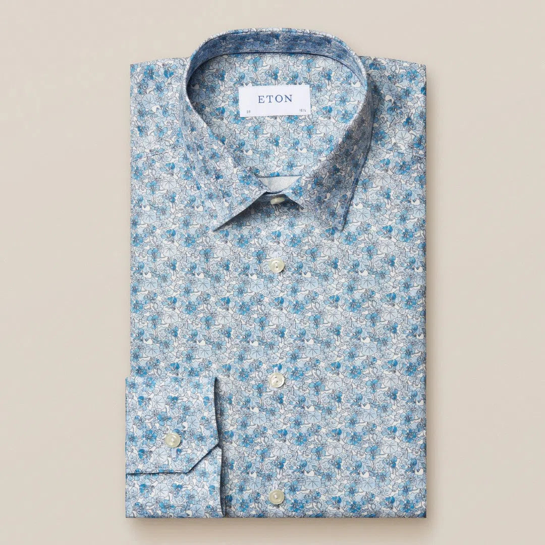 Eton Super Slim Fit Floral Shirt Mid Blue-MALFORD OF LONDON SAVILE ROW MENSWEAR OUTLET