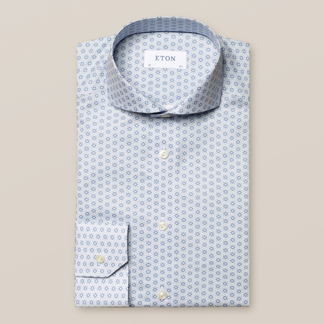 Eton Super Slim Fit Geometric Floral Shirt Light Blue-MALFORD OF LONDON SAVILE ROW MENSWEAR OUTLET