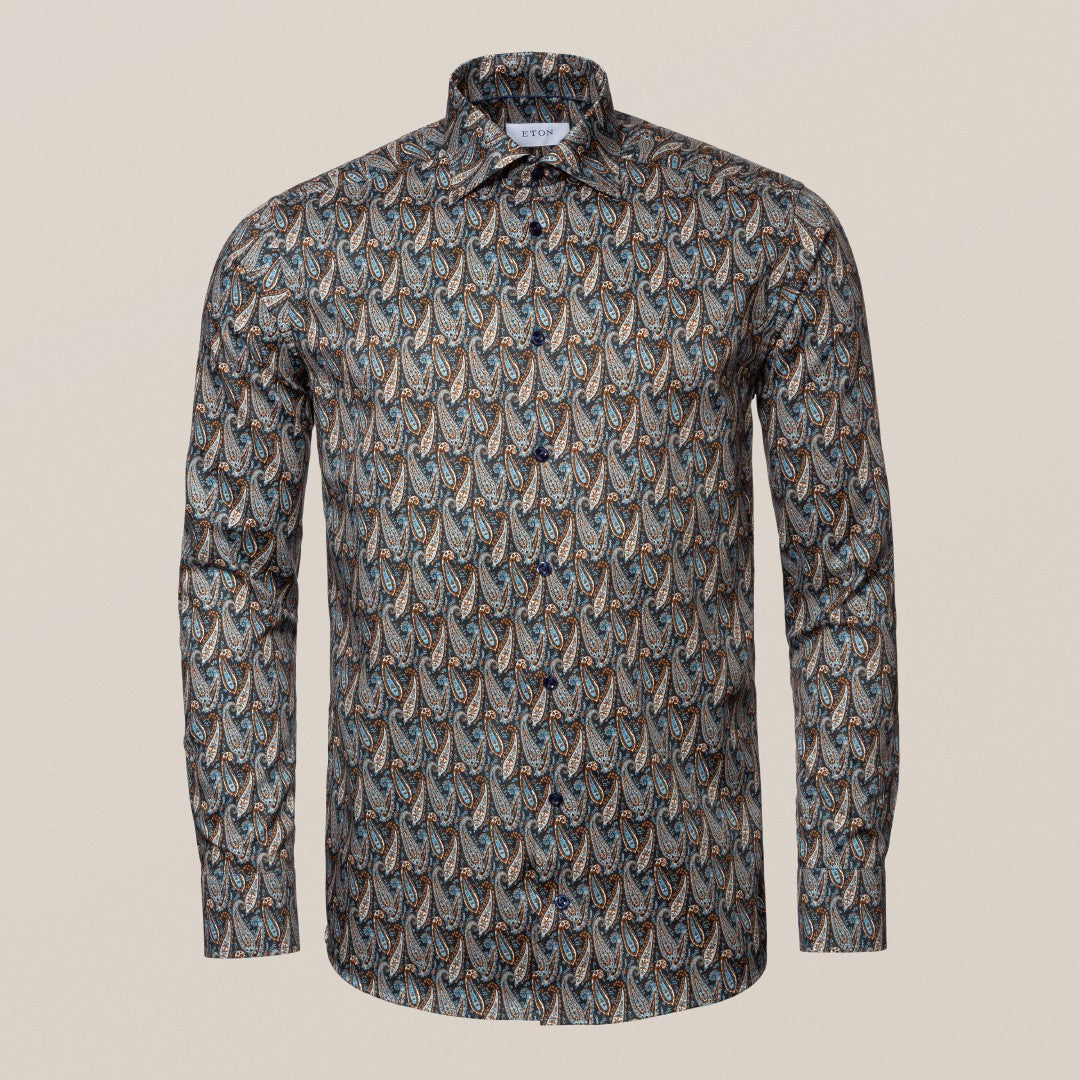 Eton Super Slim Fit Paisley Shirt Navy Blue/Blues-MALFORD OF LONDON SAVILE ROW MENSWEAR OUTLET