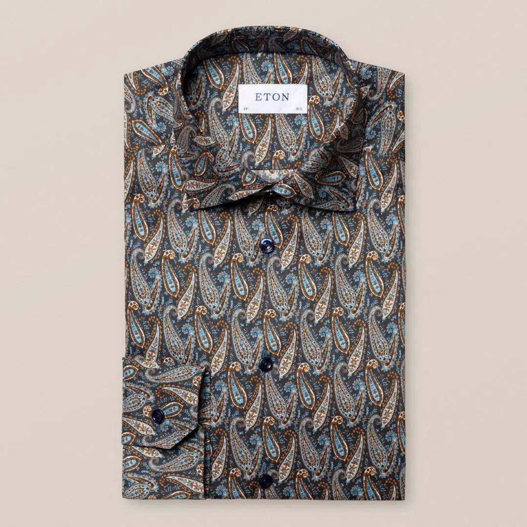 Eton Super Slim Fit Paisley Shirt Navy Blue/Blues-MALFORD OF LONDON SAVILE ROW MENSWEAR OUTLET