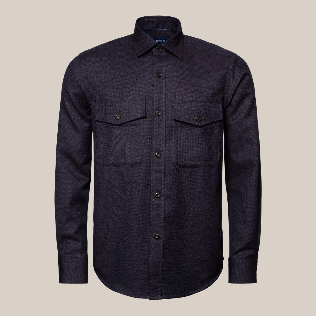 Eton Zig Zag Weave Overshirt Navy Blue-MALFORD OF LONDON SAVILE ROW MENSWEAR OUTLET