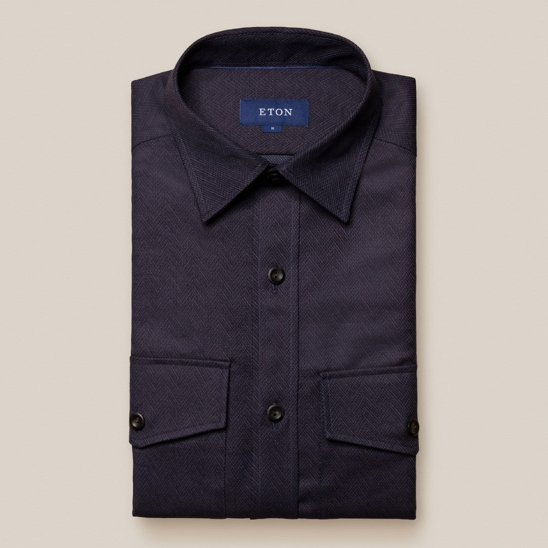 Eton Zig Zag Weave Overshirt Navy Blue-MALFORD OF LONDON SAVILE ROW MENSWEAR OUTLET